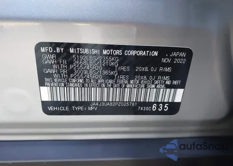 2023 Mitsubishi Outlander Se 2.5 2Wd/Se Black Edition 2Wd/Se Special Edition 2Wd from USA, damaged, VIN JA4J3UA82PZ025781